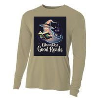 Halloween Ghost Reading Book Spooky Teacher Humor Cooling Performance Long Sleeve Crew