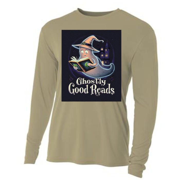 Halloween Ghost Reading Book Spooky Teacher Humor Cooling Performance Long Sleeve Crew