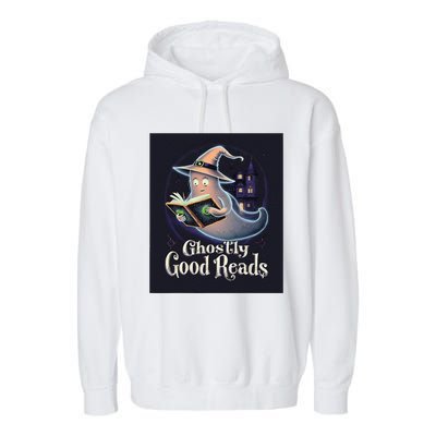 Halloween Ghost Reading Book Spooky Teacher Humor Garment-Dyed Fleece Hoodie