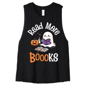 Halloween Ghost Reading Read More Books Librarian Teacher Women's Racerback Cropped Tank