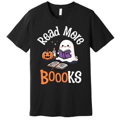 Halloween Ghost Reading Read More Books Librarian Teacher Premium T-Shirt