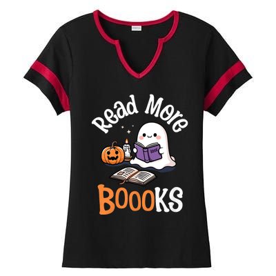 Halloween Ghost Reading Read More Books Librarian Teacher Ladies Halftime Notch Neck Tee