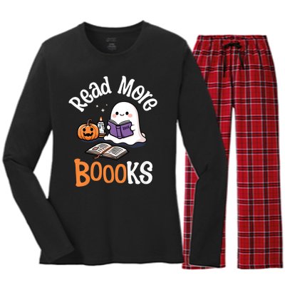 Halloween Ghost Reading Read More Books Librarian Teacher Women's Long Sleeve Flannel Pajama Set 