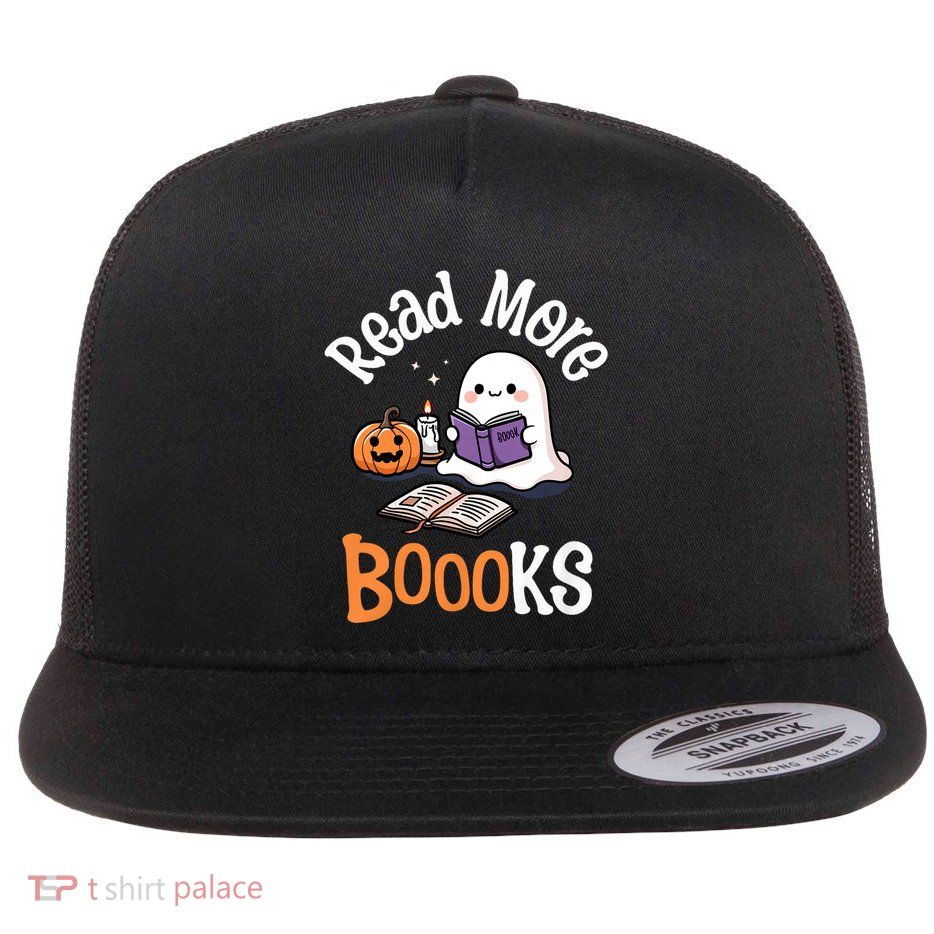 Halloween Ghost Reading Read More Books Librarian Teacher Flat Bill Trucker Hat