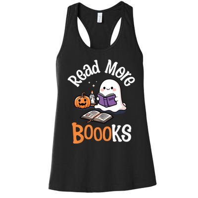 Halloween Ghost Reading Read More Books Librarian Teacher Women's Racerback Tank