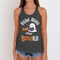 Halloween Ghost Reading Read More Books Librarian Teacher Women's Knotted Racerback Tank