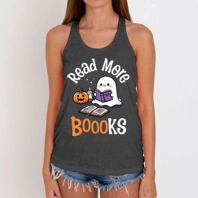 Halloween Ghost Reading Read More Books Librarian Teacher Women's Knotted Racerback Tank