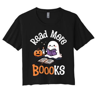 Halloween Ghost Reading Read More Books Librarian Teacher Women's Crop Top Tee