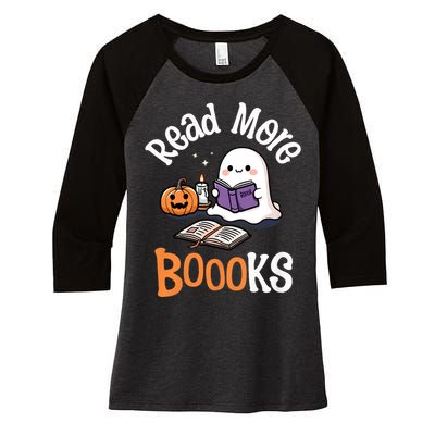 Halloween Ghost Reading Read More Books Librarian Teacher Women's Tri-Blend 3/4-Sleeve Raglan Shirt