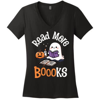 Halloween Ghost Reading Read More Books Librarian Teacher Women's V-Neck T-Shirt