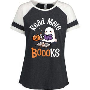 Halloween Ghost Reading Read More Books Librarian Teacher Enza Ladies Jersey Colorblock Tee