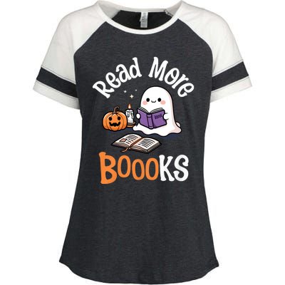 Halloween Ghost Reading Read More Books Librarian Teacher Enza Ladies Jersey Colorblock Tee