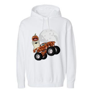 Halloween Ghost Riding Monster Truck Cool Gift Garment-Dyed Fleece Hoodie