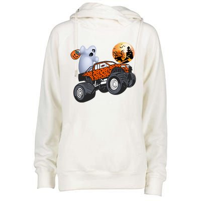 Halloween Ghost Riding Monster Truck Funny Gift Womens Funnel Neck Pullover Hood