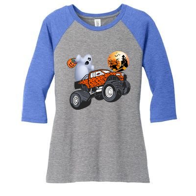 Halloween Ghost Riding Monster Truck Funny Gift Women's Tri-Blend 3/4-Sleeve Raglan Shirt