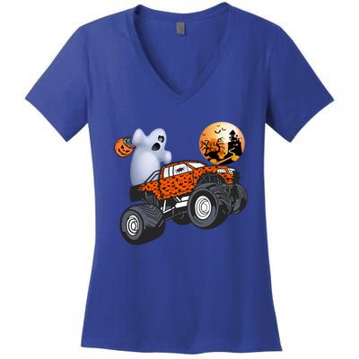 Halloween Ghost Riding Monster Truck Funny Gift Women's V-Neck T-Shirt