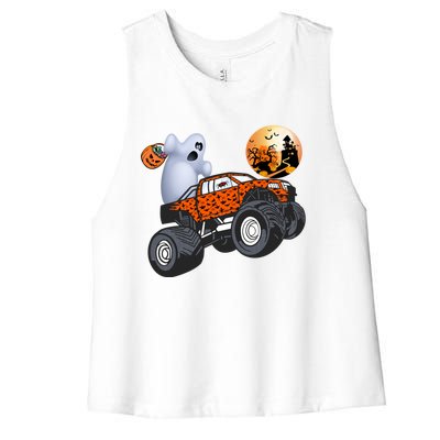 Halloween Ghost Riding Monster Truck Funny Gift Women's Racerback Cropped Tank