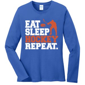 Hockey Gift Retro Eat Sleep Hockey Repeat Gift Ladies Long Sleeve Shirt