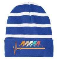 Hockey Gift Retro Vintage Hockey Heartbeat Gift Striped Beanie with Solid Band