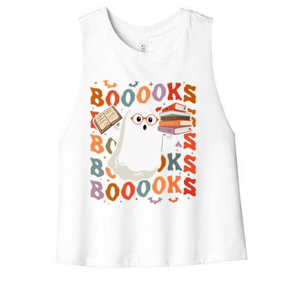 Halloween Ghost Reading Books Teacher Librarian Halloween Gift Women's Racerback Cropped Tank