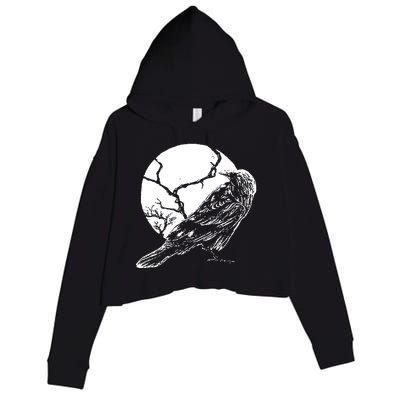 Horror Graphic Raven And Moon Crop Fleece Hoodie