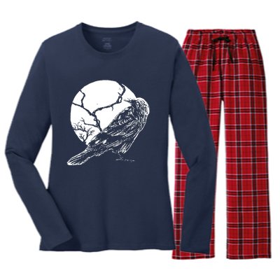 Horror Graphic Raven And Moon Women's Long Sleeve Flannel Pajama Set 