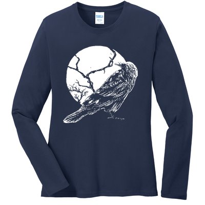 Horror Graphic Raven And Moon Ladies Long Sleeve Shirt