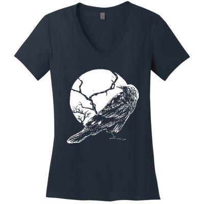 Horror Graphic Raven And Moon Women's V-Neck T-Shirt