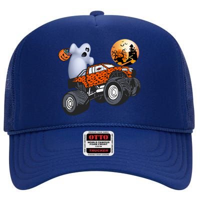 Halloween Ghost Riding Monster Truck Gift High Crown Mesh Back Trucker Hat