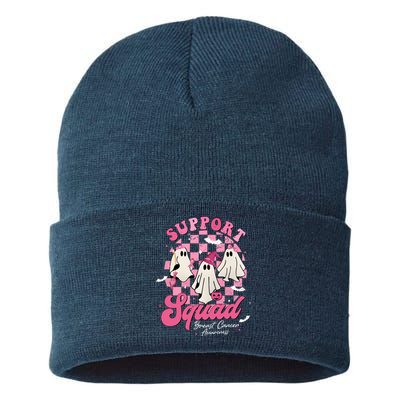 Halloween Ghost Support Squad Breast Cancer Pink Ribbon Sustainable Knit Beanie