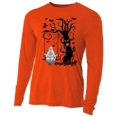 Halloween Ghost Swinging And Reading Book Creepy Pumpkins Cool Gift Cooling Performance Long Sleeve Crew