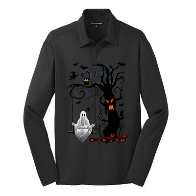 Halloween Ghost Swinging And Reading Book Creepy Pumpkins Cool Gift Silk Touch Performance Long Sleeve Polo