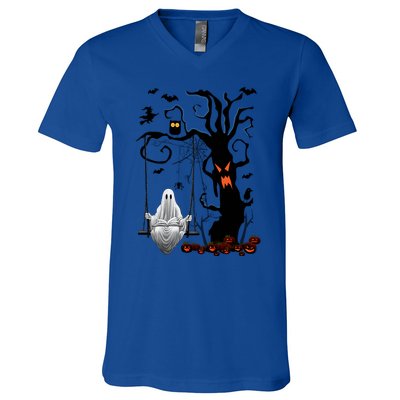 Halloween Ghost Swinging And Reading Book Creepy Pumpkins Cool Gift V-Neck T-Shirt