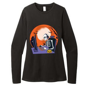 Halloween Gamer Skeleton Pumpkin Gaming Gift Womens CVC Long Sleeve Shirt