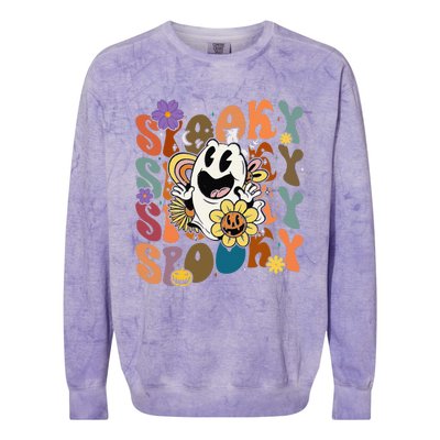 Halloween Groovy Spooky Vibes Ghost Floral Hippie Vintage Colorblast Crewneck Sweatshirt