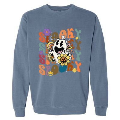 Halloween Groovy Spooky Vibes Ghost Floral Hippie Vintage Garment-Dyed Sweatshirt