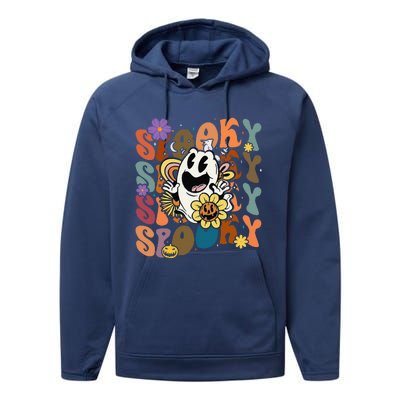 Halloween Groovy Spooky Vibes Ghost Floral Hippie Vintage Performance Fleece Hoodie