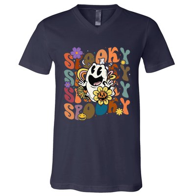 Halloween Groovy Spooky Vibes Ghost Floral Hippie Vintage V-Neck T-Shirt