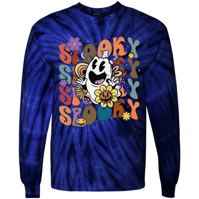 Halloween Groovy Spooky Vibes Ghost Floral Hippie Vintage Tie-Dye Long Sleeve Shirt