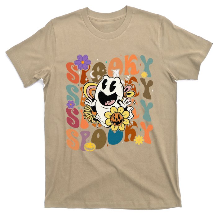 Halloween Groovy Spooky Vibes Ghost Floral Hippie Vintage T-Shirt