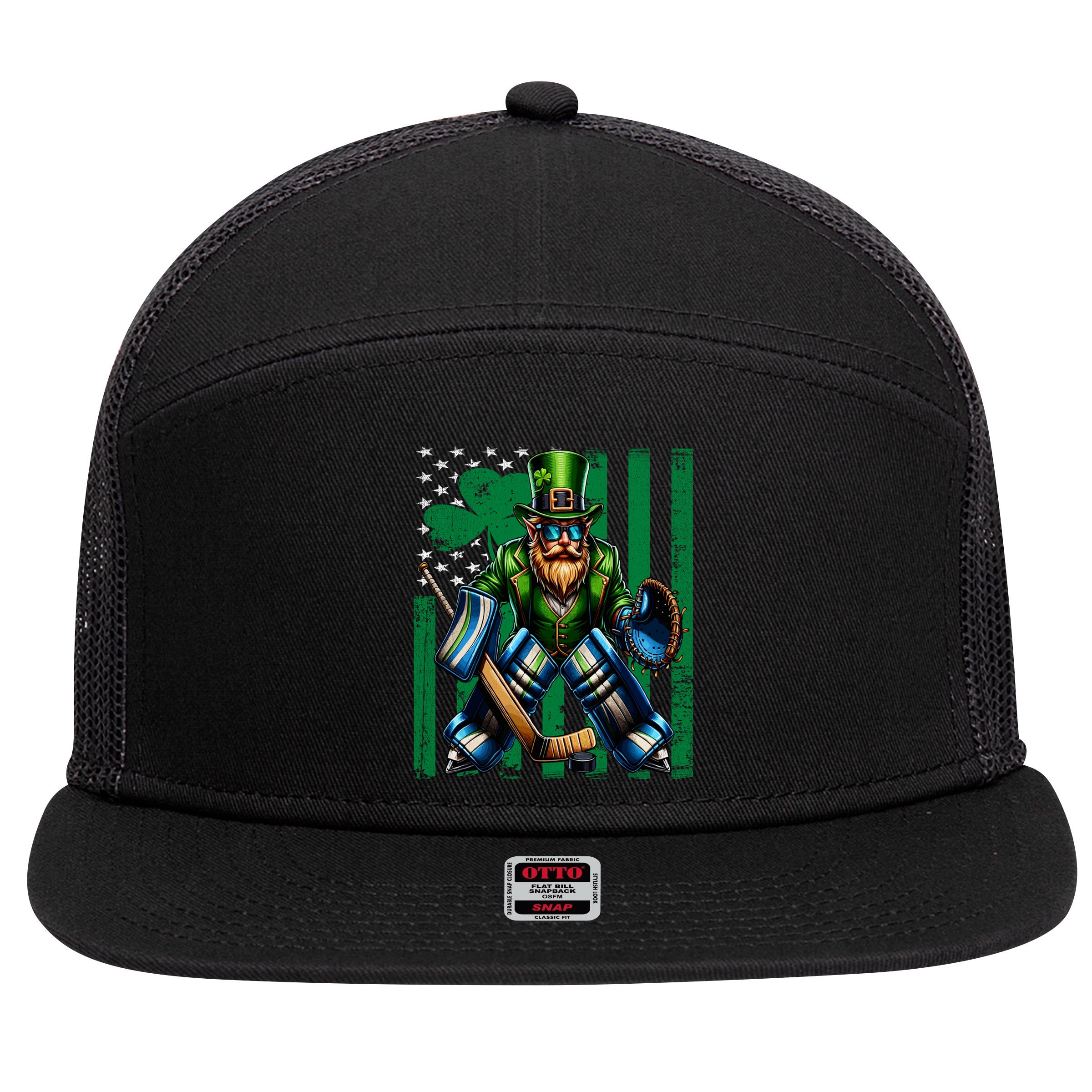 Hockey Goalie St Patricks Day Irish Shamrock American Flag Cool Gift 7 Panel Mesh Trucker Snapback Hat