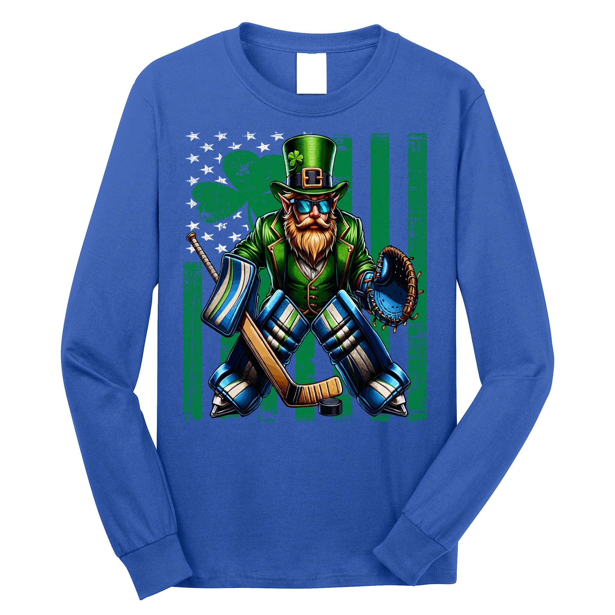 Hockey Goalie St Patricks Day Irish Shamrock American Flag Cool Gift Long Sleeve Shirt