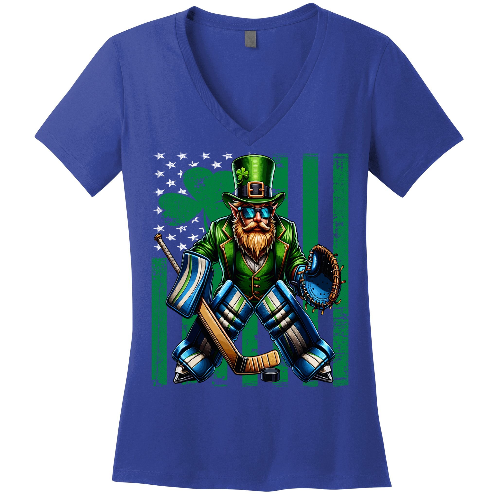 Hockey Goalie St Patricks Day Irish Shamrock American Flag Cool Gift Women's V-Neck T-Shirt