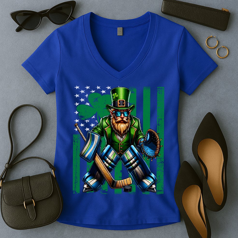 Hockey Goalie St Patricks Day Irish Shamrock American Flag Cool Gift Women's V-Neck T-Shirt