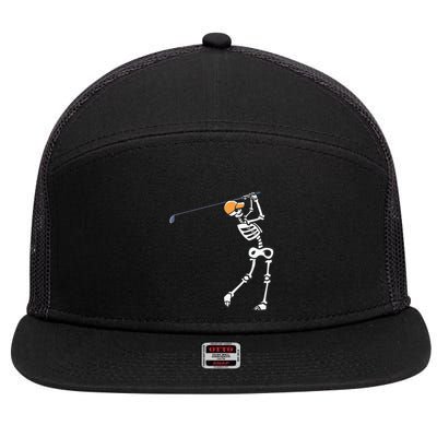 Halloween Golfer Skeleton Funny Golfing Gift 7 Panel Mesh Trucker Snapback Hat