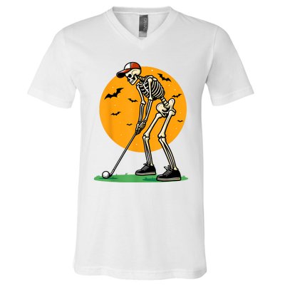 Halloween Golf Skeleton Golfer Funny Halloween Golfing V-Neck T-Shirt