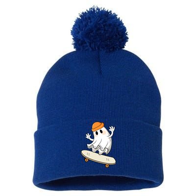 Halloween Ghost Skateboard Gift Halloween Skateboarding Gift Pom Pom 12in Knit Beanie