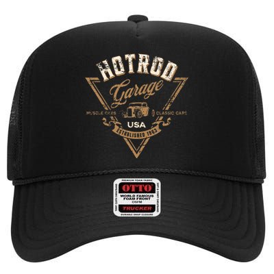 Hotrod Garage Usa Classic Car Hotrod Distressed High Crown Mesh Back Trucker Hat