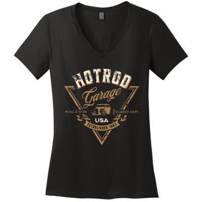 Hotrod Garage Usa Classic Car Hotrod Distressed Women's V-Neck T-Shirt