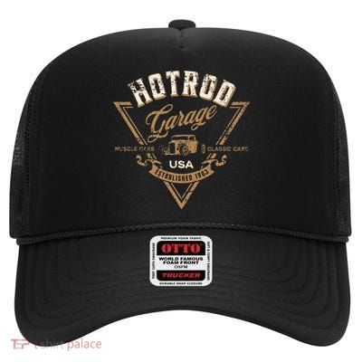 Hotrod Garage Usa Classic Car Hotrod Distressed Design High Crown Mesh Back Trucker Hat